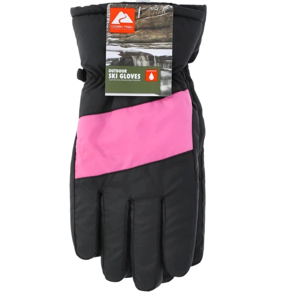 NWT Ozark Trail Girls Water Resistant Winter Ski Gloves Black Pink SM